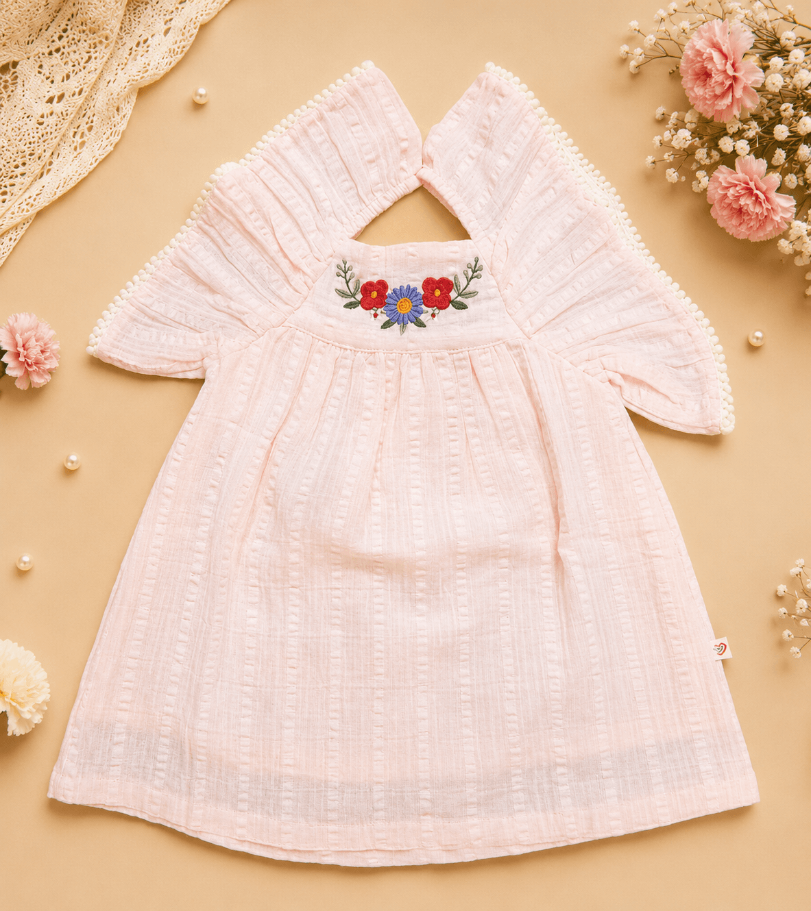 Crinkled Muslin Cotton Filler sleeve frock Baby Pink 
