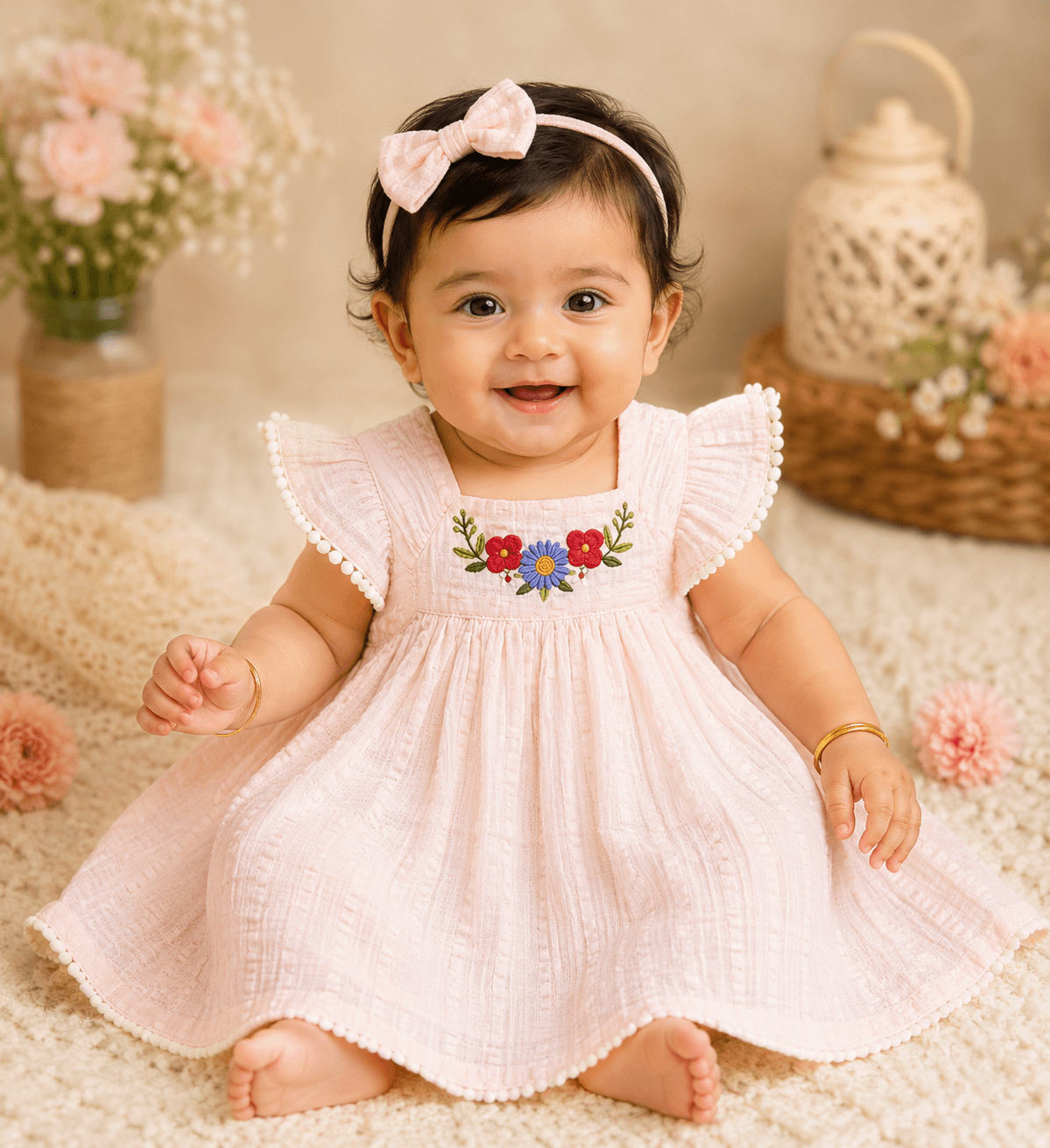 Crinkled Muslin Cotton Filler sleeve frock Baby Pink  thumbnail 2
