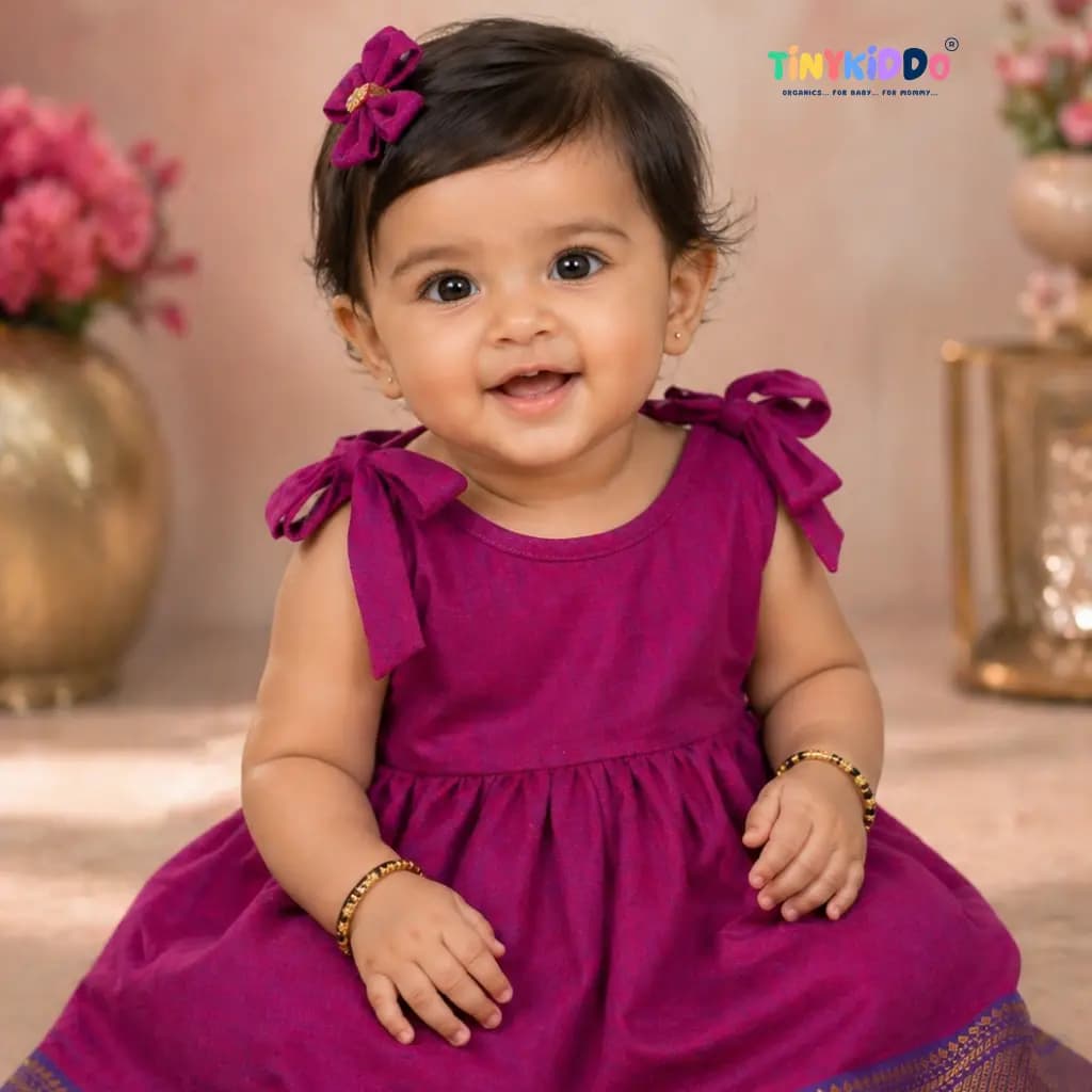 Magenta Mangalagiri cotton knot frock for baby girl, handwoven traditional Indian newborn dress by TinyKiddo